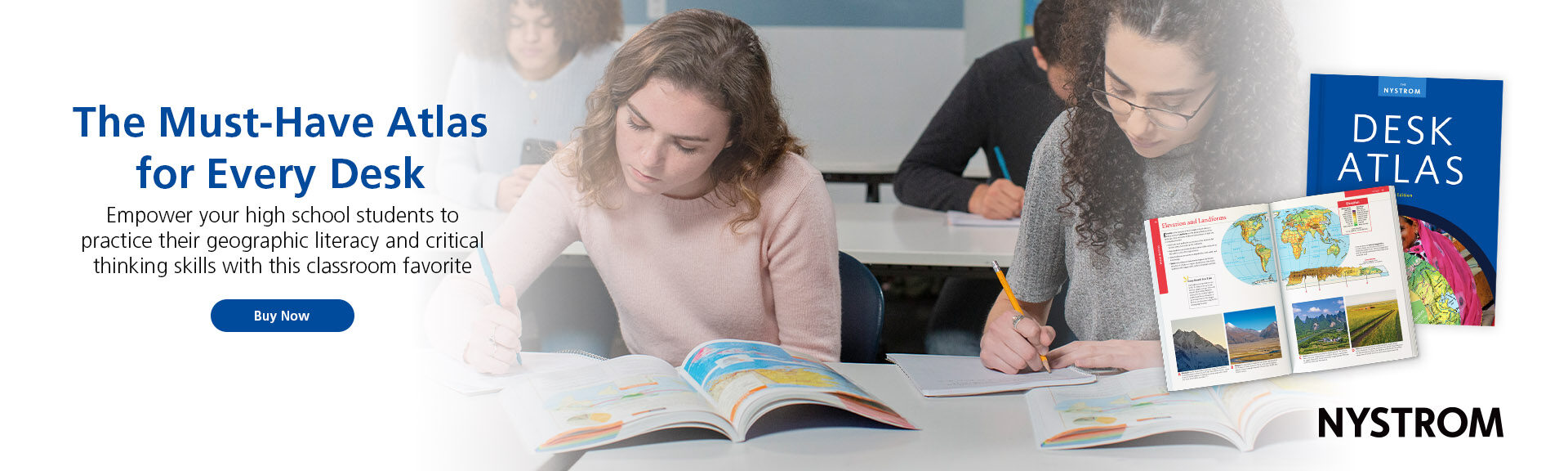 students working on an activity with the open Desk Atlas' in front of them